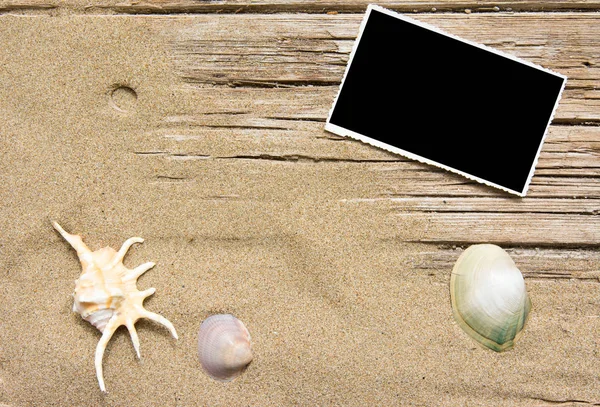 Άμμο Και Φωτογραφίες Ξύλο Planked Καλοκαιρινό Φόντο Αντίγραφο Χώρου Top — Φωτογραφία Αρχείου