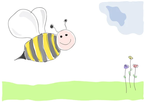 Bee op bloemen, vectorillustratie tekening gemaakt door een kind styl — Stockvector