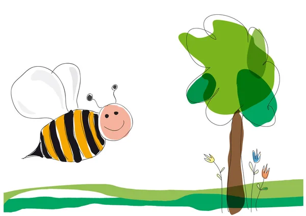 Bee on flowers, vector illustration drawing made by a child styl — Stock Vector