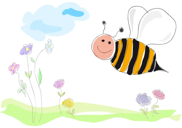 Bee op bloemen, vectorillustratie tekening gemaakt door een kind styl — Stockvector