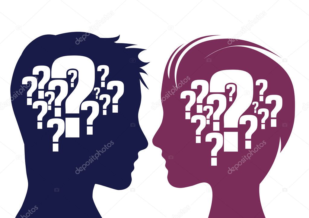 Vector illustration. Man and woman with question mark. Concept o