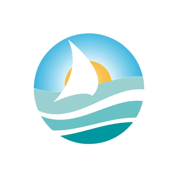 Round logo segelfartyg, vektor segelbåt på havet med sol och himmel — Stock vektor