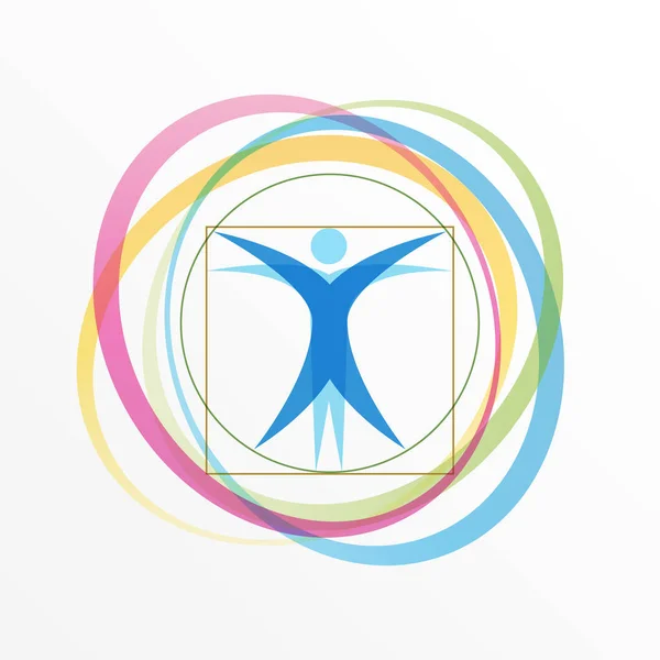 Vector simple logo stylized Vitruvian Man with orbiting rings — Stock Vector