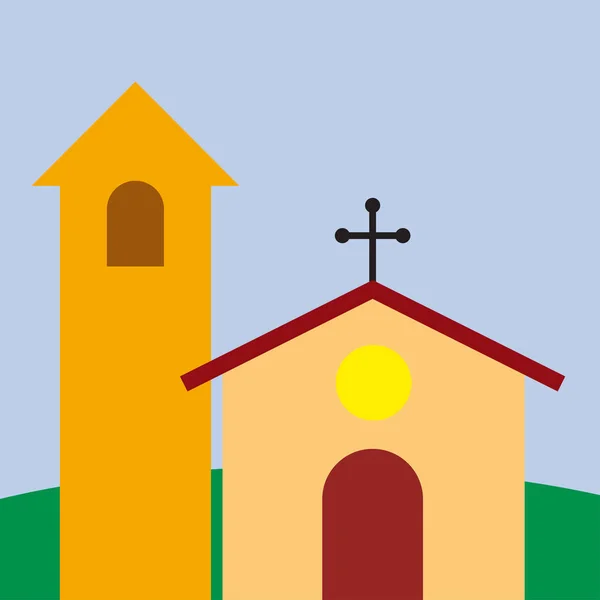 Plaza vectorial, iglesia con campanario y techo rosa — Vector de stock