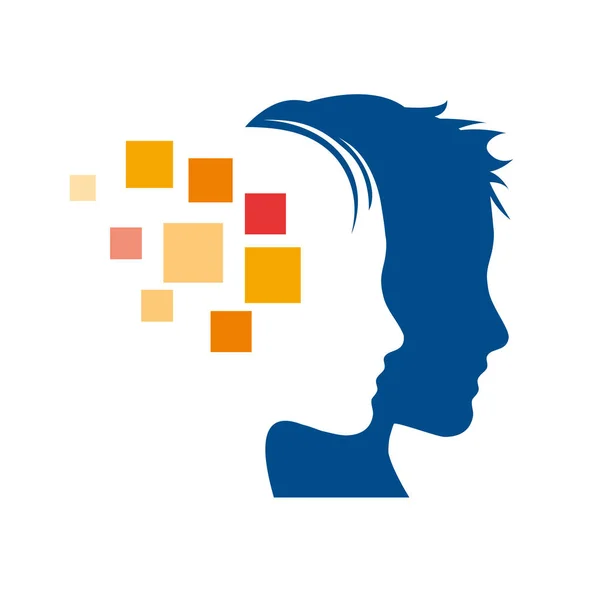 Logo vectorial generación digital, cabezas y píxeles. Personas y equipo — Vector de stock