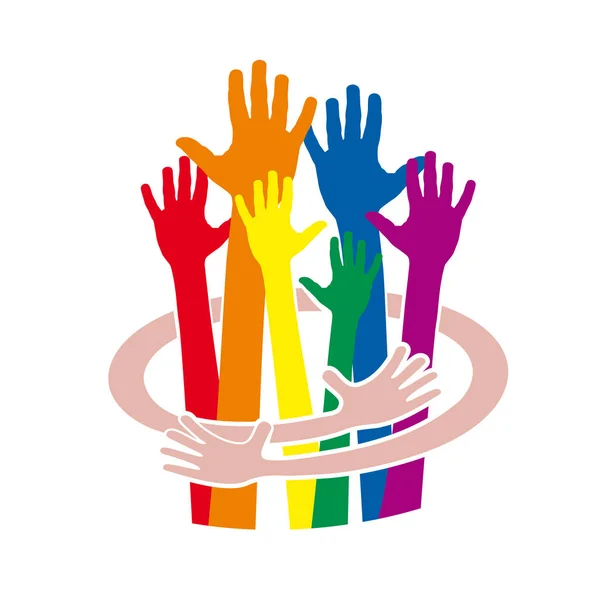 Abbraccia la gente. Mani segno vettoriale con arcobaleno. gay orgoglio pa — Vettoriale Stock