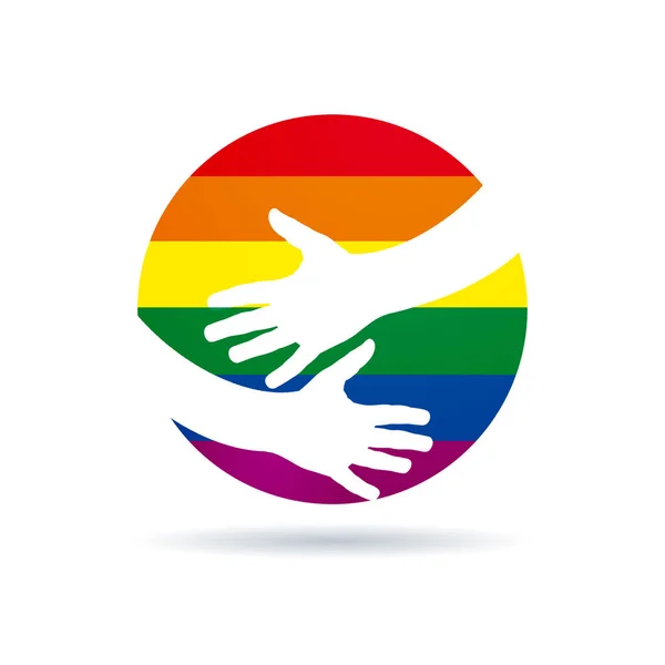 Abraça o mundo. Vector assinar mãos com arco-íris. Orgulho gay par — Vetor de Stock
