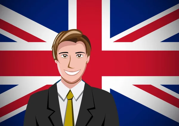 Povo britânico, à frente da bandeira. Retrato de gerente em apartamento — Vetor de Stock