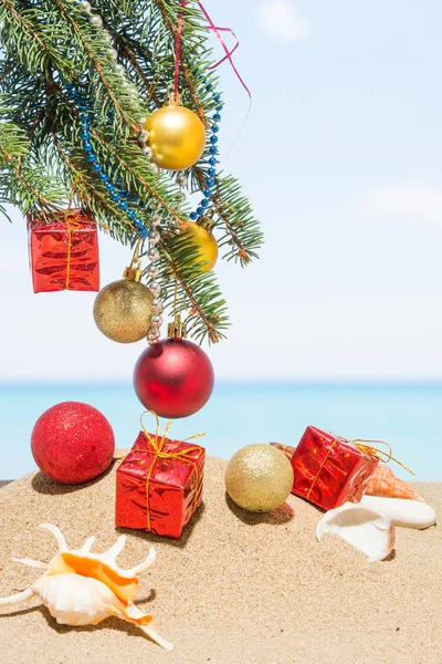 Christmas tree decorations on the beach in tropical. Concept of — Stock Photo, Image