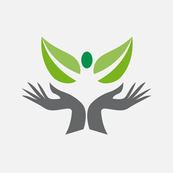 Векторный логотип зеленой дружбы, руки с людьми в форме листьев. E — стоковый вектор