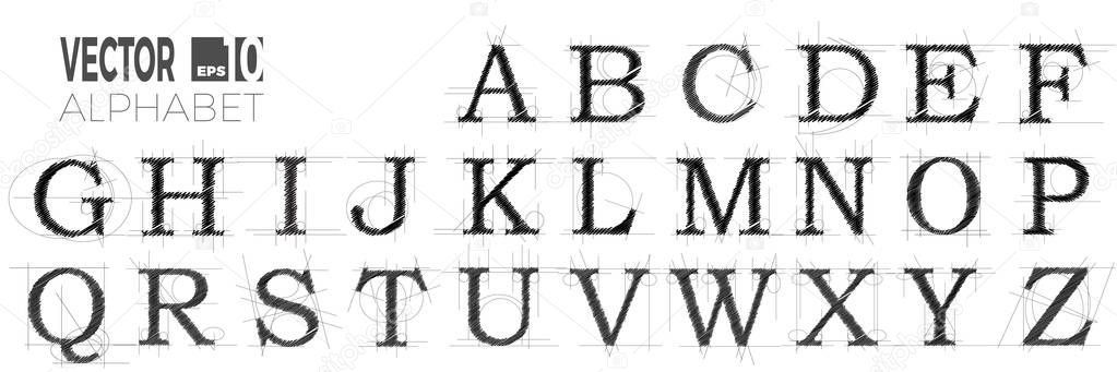Set of font and alphabet, vector of modern abstract letters made with pen. Designer or engineer style project with lines and scribble