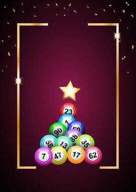 Mor arka plan üzerinde bingo topları ile Vektör noel ağacı