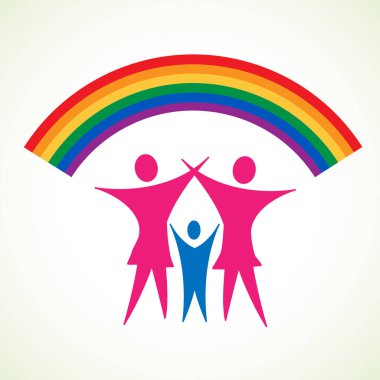 Birkaç lezbiyen ve Igbt gökkuşağı altında evlat edinilmiş bir çocuk. Homoseksüel aile. Logo tasarım şablonu, vektör illüstrasyonu