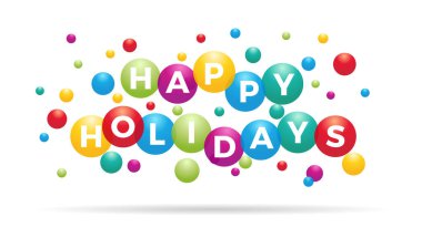 Renkli balonların içinde mutlu tatiller, kutlama, davetiye kartı, mesajla selamlama, vektör tasarımı 