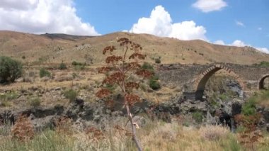 Arap kökenli ve Sarazen Ortaçağ Köprüsü, Sicilya. Adı Simeto nehir lav geçitleri. Video 4k