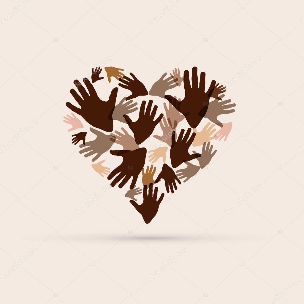 No to racism. Stop to racism and discrimination. a heart of different races. Vector Illustration