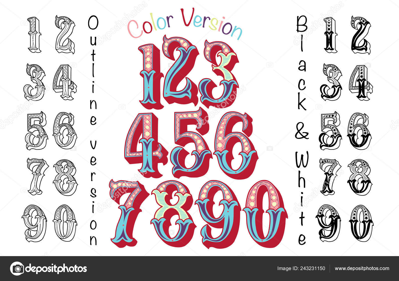 Numbers Colourful Set In Vintage Retro Style Stock Vector