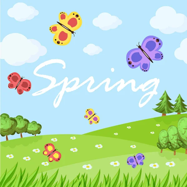 Frühling Cartoon-Landschaft mit Bäumen, Wolken und Blumen — Stockvektor