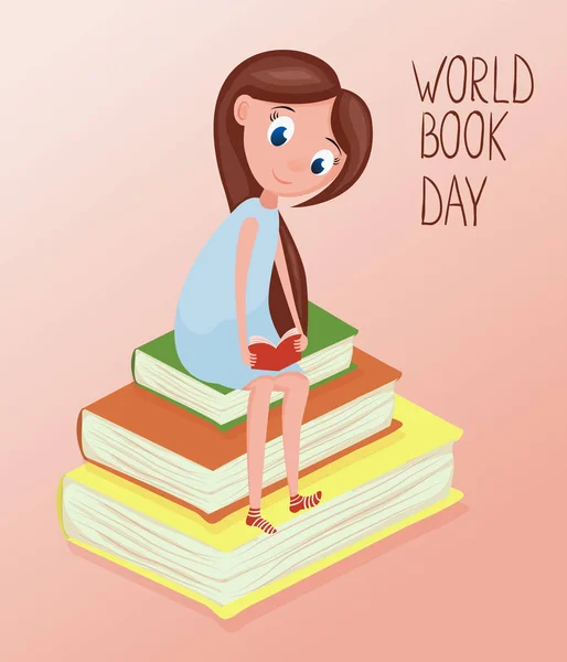 Girl reading books illustration for world book day
