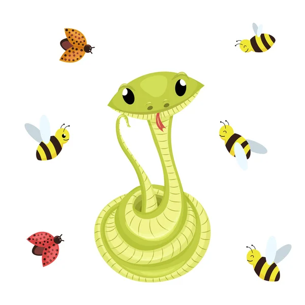 Dibujos animados lindo verde sonrisas serpiente vector animal ilustración . — Archivo Imágenes Vectoriales