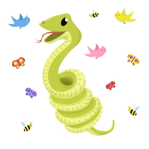 Cartone animato carino verde sorrisi serpente vettore animale illustrazione . — Vettoriale Stock