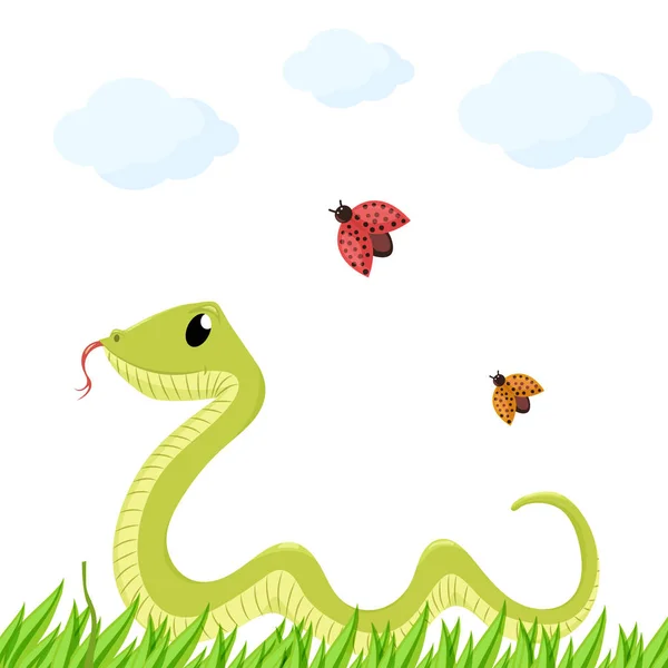 Dibujos animados lindo verde sonrisas serpiente vector animal ilustración . — Archivo Imágenes Vectoriales