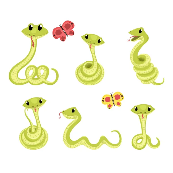 Cartone animato carino verde sorrisi serpente vettore animale illustrazione . — Vettoriale Stock