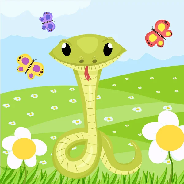 Cartoon schattige groene glimlacht slang dierlijke vectorillustratie. — Stockvector