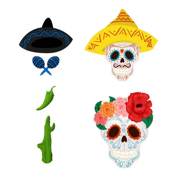 Μεξικάνικη ζάχαρη κρανίο εικονογράφηση και αντικείμενα για Cinco de Mayo — Διανυσματικό Αρχείο