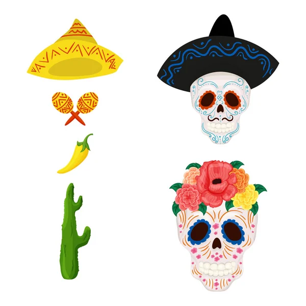Meksika şeker kafatası şekil ve nesneler için Cinco de Mayo — Stok Vektör