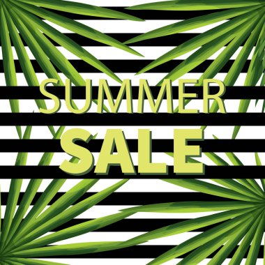 Yaz satış vektör afiş. Palmiye yaprakları ile sosyal medya reklam. 