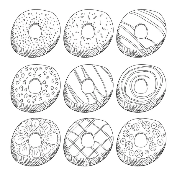 Donuts decorados com ilustrações de contorno de gelo — Vetor de Stock
