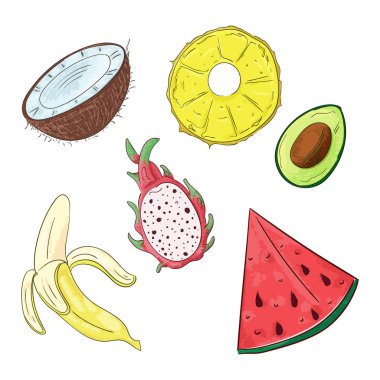 Tropikal fruts, bütün ve dilimlenmiş karikatür illüstrasyon seti.