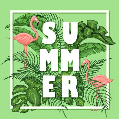 Flamingolar, palmiye yaprakları ve egzotik çiçekler ile Tropikal yaz aranjmanı.