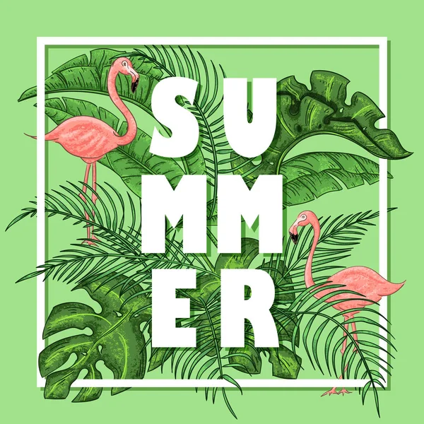 Flamingolar, palmiye yaprakları ve egzotik çiçekler ile Tropikal yaz aranjmanı.