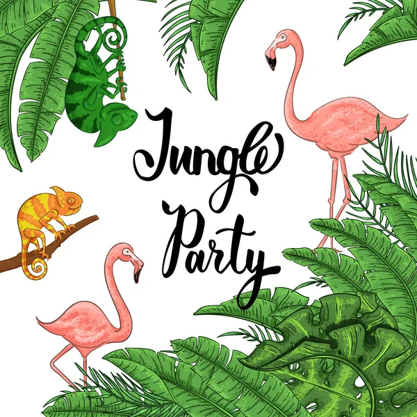 フラミンゴとカメレオン、ヤシの葉とジャングルパーティーのバナー — ストックベクタ