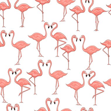 Beyaz arka planda karikatür pembe flamingo dikişsiz desen