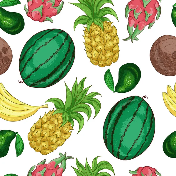 Frutos tropicales patrón sin costura. Dulce fruta tropical cortada en piezas line art . — Vector de stock