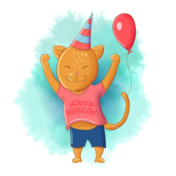 Chaton mignon dans une casquette et un ballon . — Image vectorielle