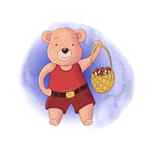 Cute bear boy with a basket of mushrooms