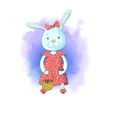 Mantar sepeti olan tavşan kız. Tatlı kız bebek duş kartı.