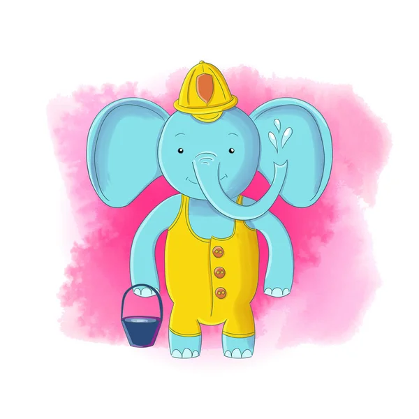 Lindo bombero elefante. Elefante bebé en un casco de bombero con un cubo de agua — Vector de stock