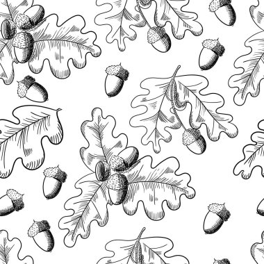 Vektör meşe yaprağı ve meşe palamudu çizim dikişsiz desen. Sonbahar elementleri.