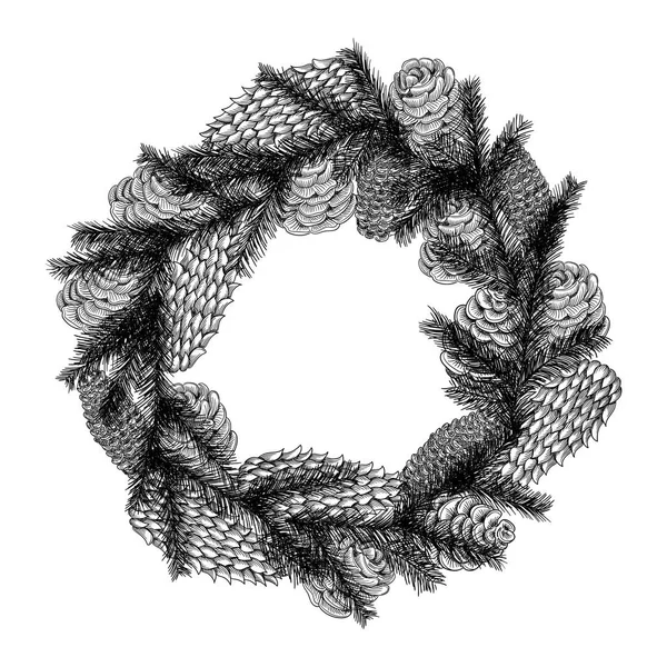 Christmas wreath in the style of a sketch of a Christmas tree and cones isolated on white background. — Stok Vektör