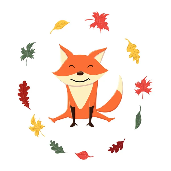 Cute and funny fox in the autumn leaves — 스톡 벡터