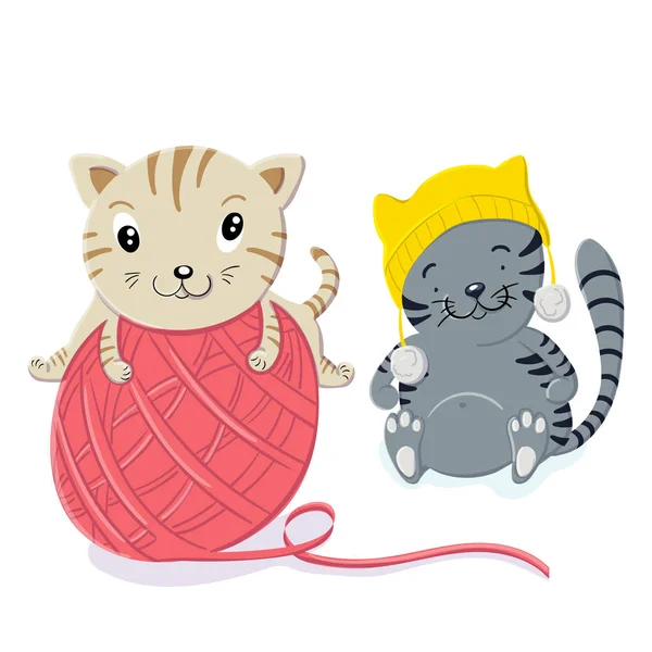 Chats mignons jouent avec une boule de laine dans le style — Image vectorielle