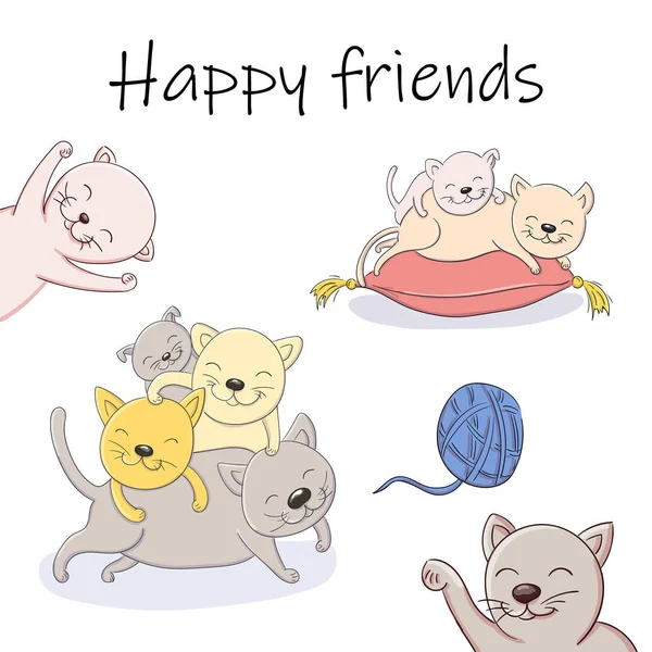 Vector ilustración de dibujos animados de jugar gatitos amigos felices — Archivo Imágenes Vectoriales