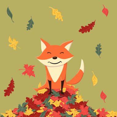 Cute and funny fox in the autumn leaves