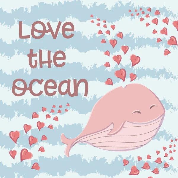 Cute whale in the sea with hearts in the style of a cartoon. — 图库矢量图片