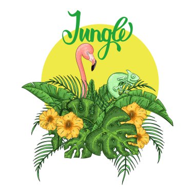 Flamingo ve bukalemun parti davetiyesi. Tropikal Hawaii posteri.